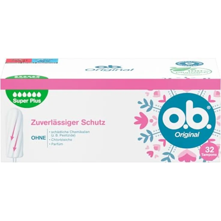 o.b. Original Super Plus Tampons, Gynäkologisch getesteter Tampon mit StayDry-Technologie für zuverlässigen Schutz bei sehr starker Menstruation, 16 Stück