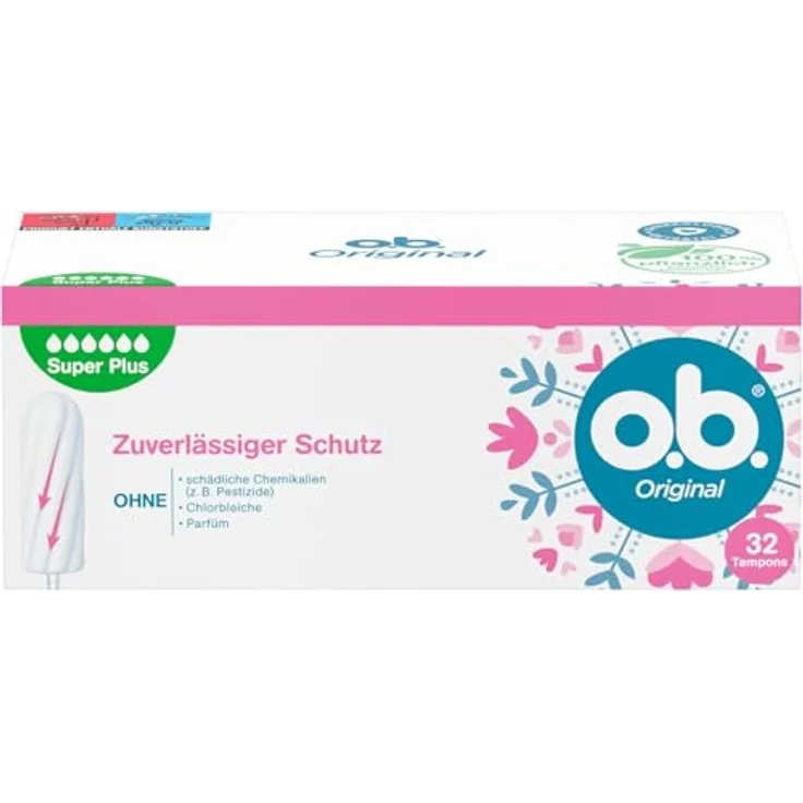 o.b. Original Super Plus Tampons, Gynäkologisch getesteter Tampon mit StayDry-Technologie für zuverlässigen Schutz bei sehr starker Menstruation, 16 Stück – Bild 1