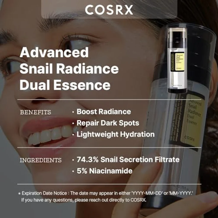 COSRX Niacinamide 5% + Snail Mucin 74% Dual Essence, Hydrating & Brightening, Korean Skincare, 2.70 fl.oz / 80ml – Bild 2