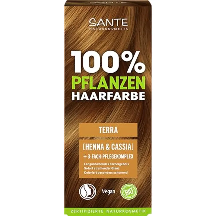 SANTE Naturkosmetik 100% Pflanzenhaarfarbe Pulver 04 Terra, vegane Haar-Coloration mit Bio-Henna & Cassia, natürliche Grauabdeckung, 3-Fach Pflegekomplex, 100g