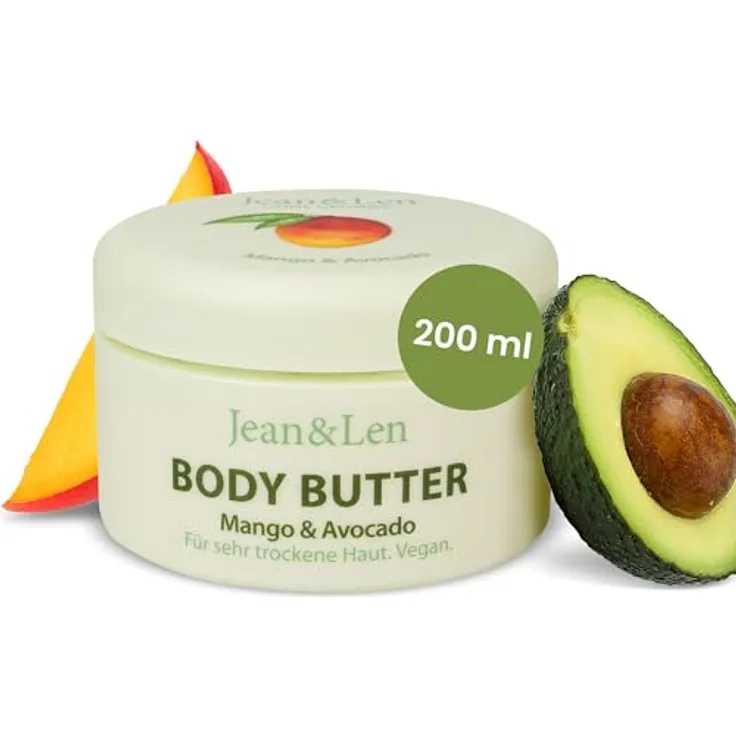 Jean & Len Exotische Body Butter Mango & Avocado, intensive Pflege für trockene Haut, pH-hautideal, ohne Parabene & Silikone, 200 ml