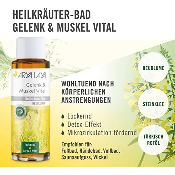 Arya Laya Heilkräuter-Bad Gelenk & Muskel Vital, 200 ml: Detox-Badezusatz mit Heublumen-Extrakt, stoffwechselanregend, vegan, für wohltuende Erholung nach körperlicher Anstrengung – Bild 2