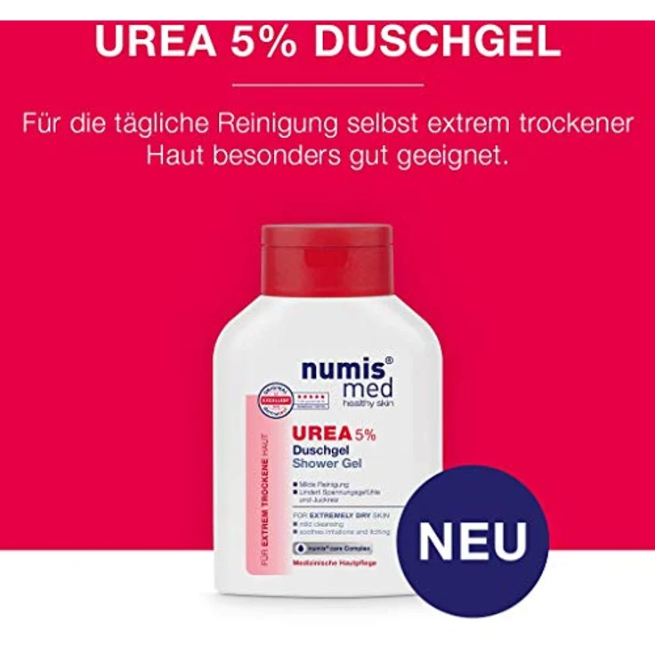 numis med Duschgel mit 5% Urea - Hautberuhigendes Duschgel für extrem trockene, zu Juckreiz neigende Haut - vegane Hautpflege ohne Silikone, Parabene & Mineralöl - Showergel (1x 200 ml) - numis care Complex, dermatologisch getestet - medizinische Hautpflege – Bild 3