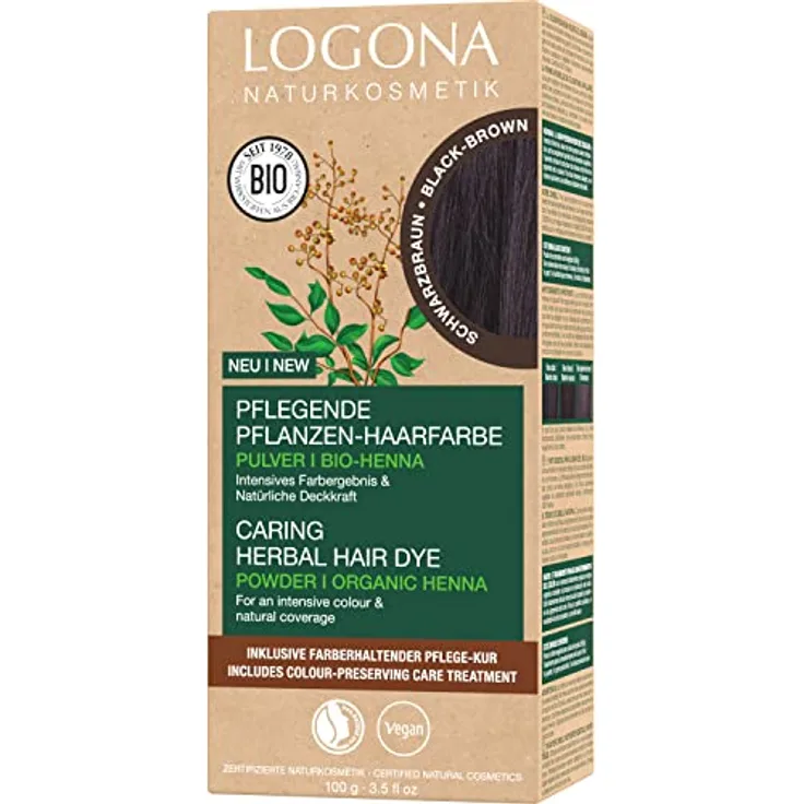 LOGONA Naturkosmetik Pflegende pflanzliche Haarfarbe, Veganes Haarfarbe-Pulver mit Bio-Henna für intensive Farbe und Glanz, Pflanzenhaarfarbe in Schwarzbraun (Braun), 1 x 100g