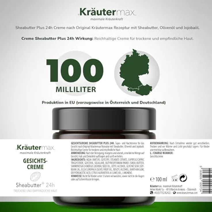 Kräutermax. Sheabutter Gesichtscreme für Trockene Haut, 100 ml, Feuchtigkeitsspendend mit Shea Butter, ohne synthetische Farbstoffe – Bild 2