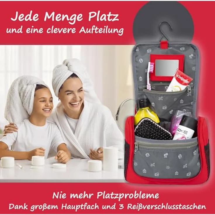 GRINSEZWERGE Kulturtasche Reise Kulturbeutel mit 12 Motiven, 25 x 20 x 8 cm, zum Aufhängen mit Metallhaken, 3 Reißverschluss- & 4 Netztaschen, inkl. herausnehmbaren Spiegel, für Kinder und Erwachsene – Bild 3