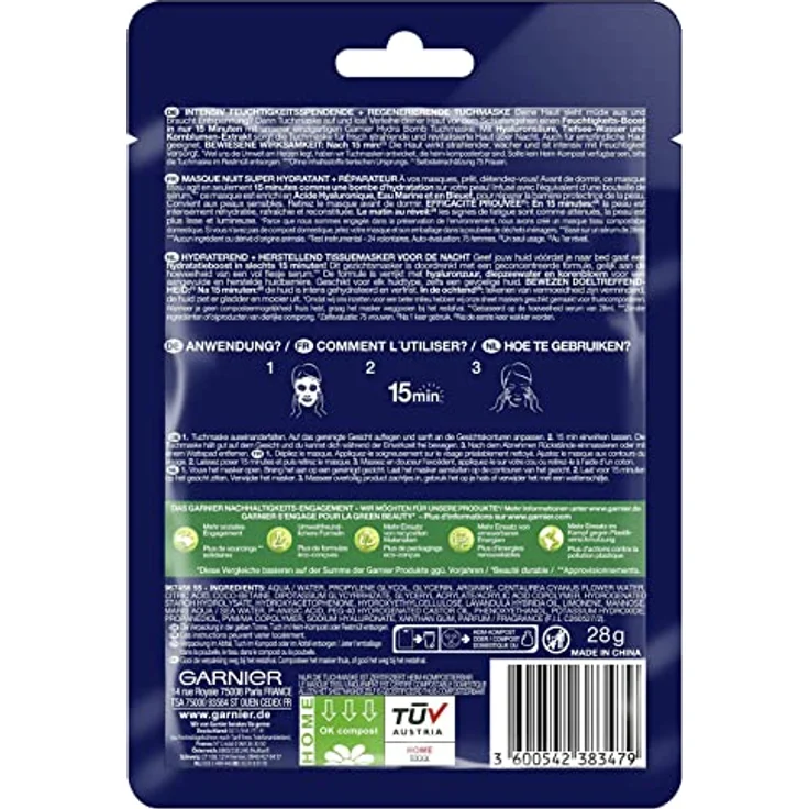 Garnier Tuchmaske Nacht, Hydra Bomb, 28 g, Regenerierend und feuchtigkeitsspendend, Mit Hyaluronsäure, Tiefesswasser und Kornblumen-Extrakt – Bild 2