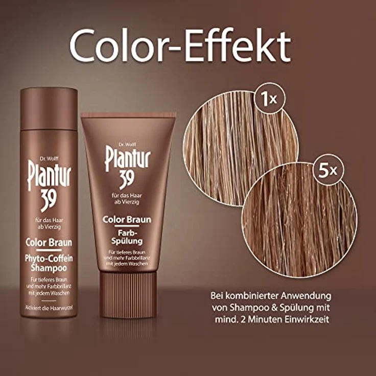 Plantur 39 Color Braun Phyto-Coffein-Shampoo, 2 x 250 ml, für braunes Haar, kaschiert graue Haare, pflegt und beugt menopausalem Haarausfall vor – Bild 4