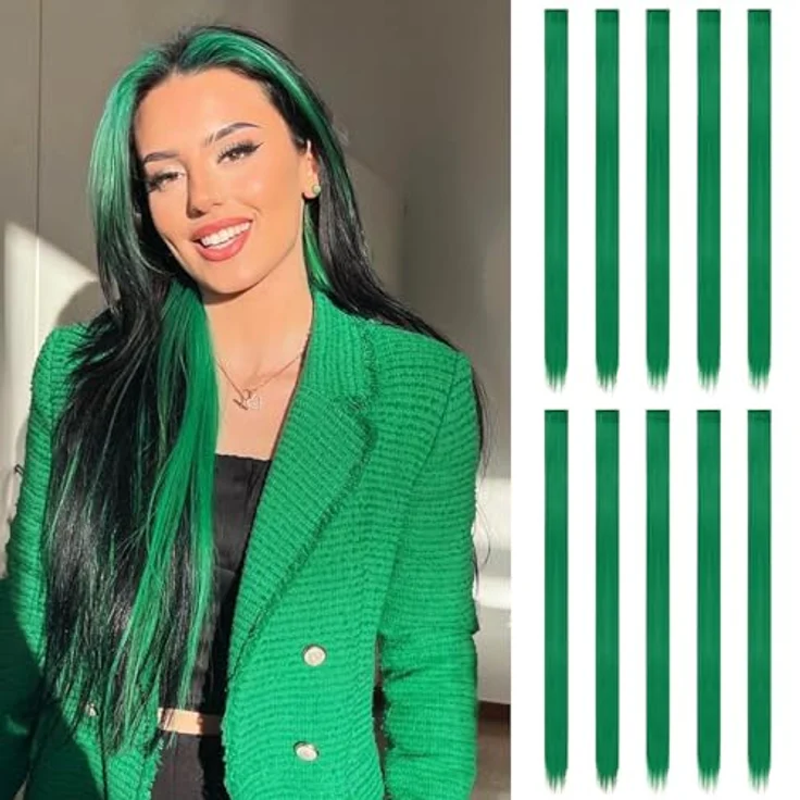 FESHFEN Farbige Haarverlängerung, 10 PCS Grüne Synthetik Clip-in Haarteile, Bunte Glatte Haare für Damen, 55 cm, Ideal für Saint Patrick's Tag – Bild 1