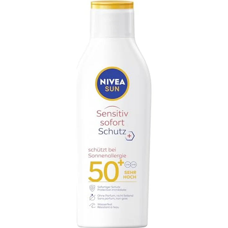 NIVEA SUN Sensitiv Sofortschutz Sonnenlotion LSF 50+, duftfreie & wasserfeste Sonnenschutzcreme für empfindliche Haut, 200 ml – Bild 1