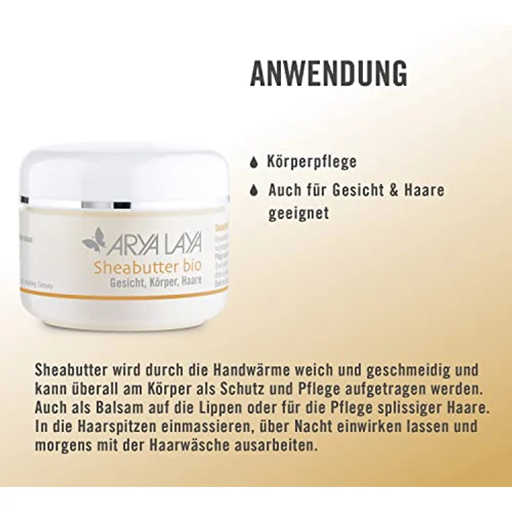ARYA LAYA Sheabutter bio: aus kontrolliert biologischem Anbau, für sehr trockene oder rissige Hautpartien & splissige Haarspitzen, 100 ml – Bild 3