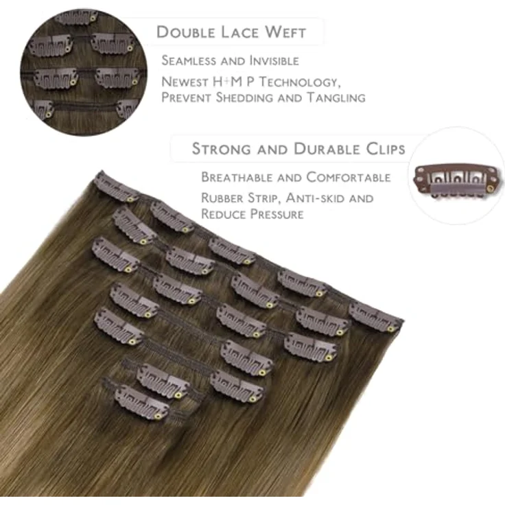 WENNALIFE Clip in Extensions Echthaar, 45cm, 120g, 7pcs, Ombré Walnuss Braun bis Ash Braun und Bleach Blonde, Remy Haarverlängerung – Bild 3