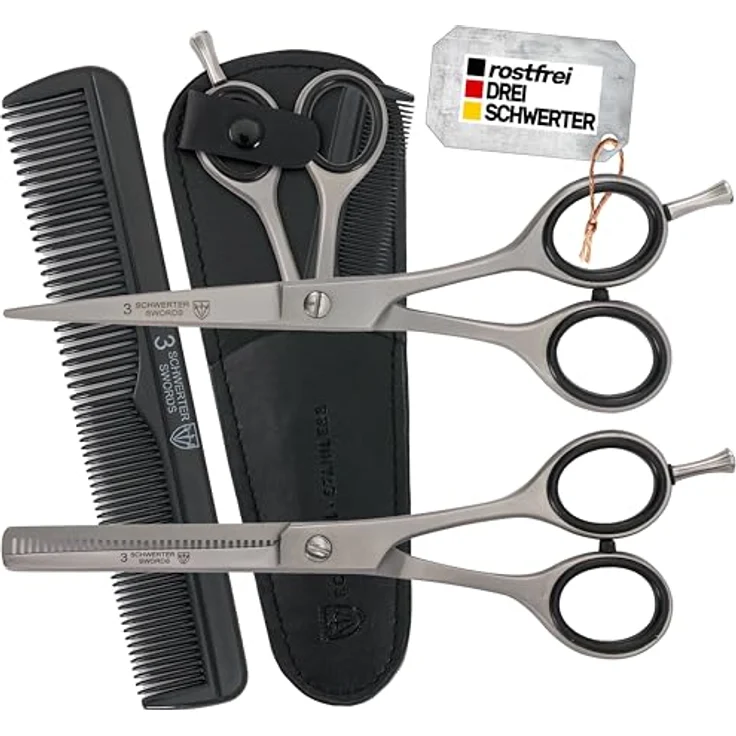 DREI SCHWERTER Haarscheren Set, rostfreie Haarschere und Effilierschere 6 Zoll mit Kamm, matte Optik, inkl. Reinigungstuch und Etui – Bild 1