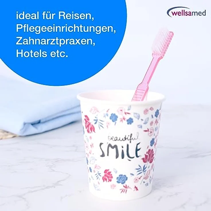 wellsamed Wellsabrush Einmalzahnbürsten mit Zahnpasta, Einwegzahnbürsten, Reisezahnbürsten, pink-rosa-transparent, 100 Stück – Bild 5
