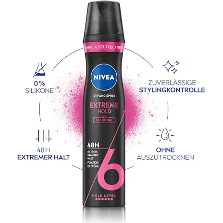 NIVEA Extreme Hold Styling Spray, stärkendes Haarspray mit Panthenol & Vitamin B3, zuverlässiger Haarlack für Stylings mit bis zu 48h Halt, veganes Pflegespray (250 ml) – Bild 2