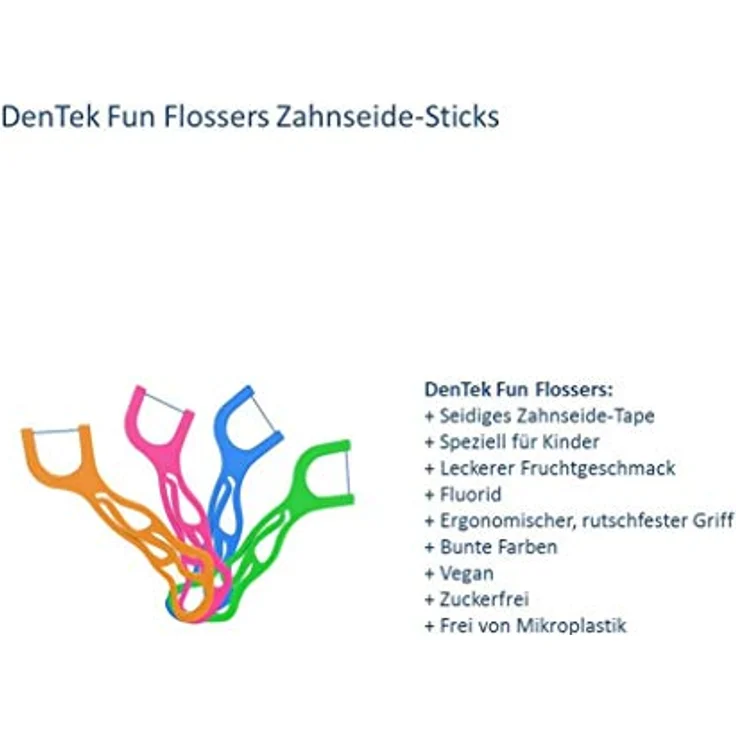 Dentek Fun Flossers Kids - Zahnseide-Sticks speziell für Kinder - mit Fruchtgeschmack - rutschfester Griff - bunte Farben 40 Stück – Bild 4