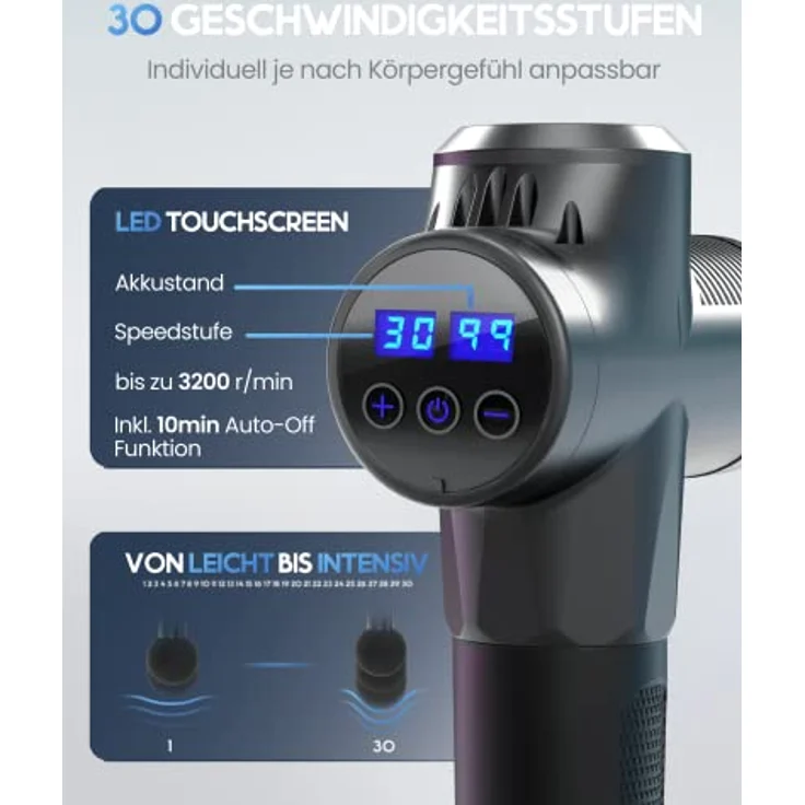 HELDENWERK Massagepistole mit 7 Massageköpfen, 30 Geschwindigkeiten und Hitzekopf, USB-C Anschluss, kompakt und leise – Bild 3