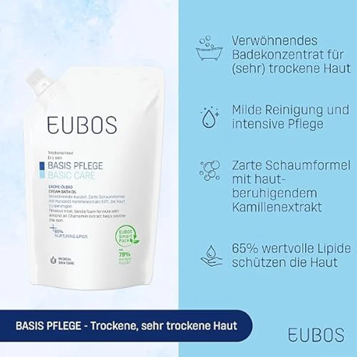EUBOS BASIS PFLEGE Creme-Ölbad Nachfüllbeutel für trockene Haut, leicht schäumendes Bade-Öl, dermatologisch getestet, 400ml – Bild 2