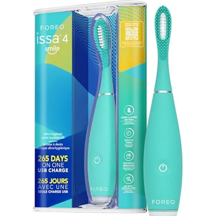 FOREO issa 4 Smile Schall-Zahnbürste, Kompakt & Reisegeeignet, 4-in-1 Hybrid-Bürstenkopf, 265 Tage Akkulaufzeit, sanfte Plaque-Entfernung, wechselbarer Bürstenkopf alle 6 Monate