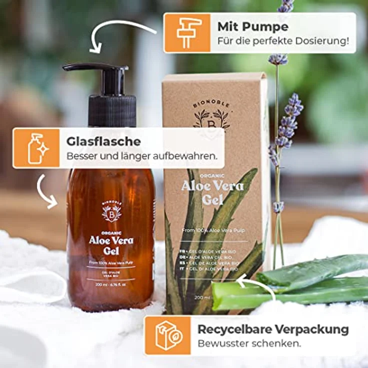 Bionoble Aloe Vera Gel Bio 200ml - Pures Aloe Vera Fruchtfleisch 100% Rein mit Ätherisches Lavendelöl BIO - Ohne Pulver - Ohne Xanthan - Gesicht, Augenpartie, Körper, Haare - Glasflasche + Pumpe – Bild 4