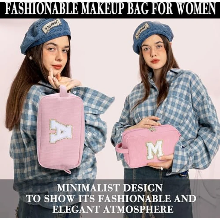 Parima Cord Kulturbeutel Damen, rosa Kosmetiktasche mit Buchstaben J, 2-teilig und großem Fassungsvermögen, ideal für Reisen und persönliche Gegenstände – Bild 4