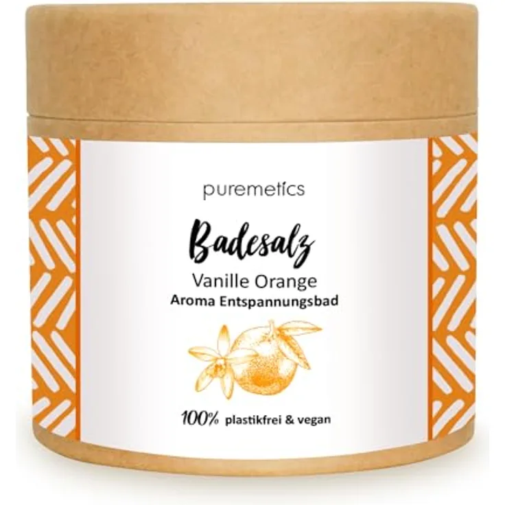 puremetics Badesalz - Vanille-Orange, 400 g, Aromatherapie für die Badewanne, Totes Meer Salz, fruchtig-warmer Duft
