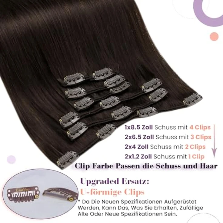 LaaVoo Clip in Extensions Echthaar, dunkelbraun, 35cm, 120g, 7 Stück, natürliche Spitzen, hitzestylingfreundlich – Bild 2