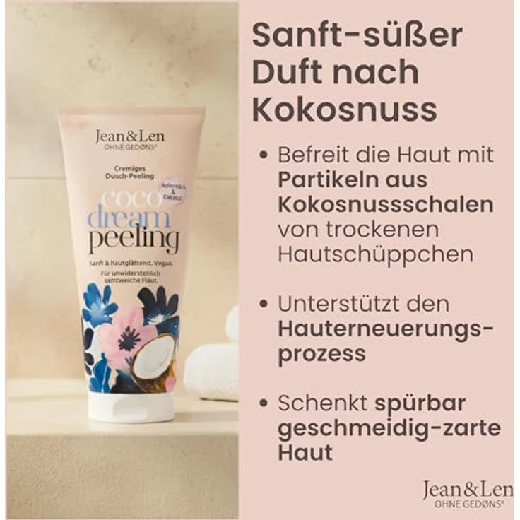 Jean & Len Duschpeeling Hafermilch & Kokos, veganes Körperpeeling mit Kokosnussschalen, entfernt Hautschüppchen, 200 ml – Bild 3