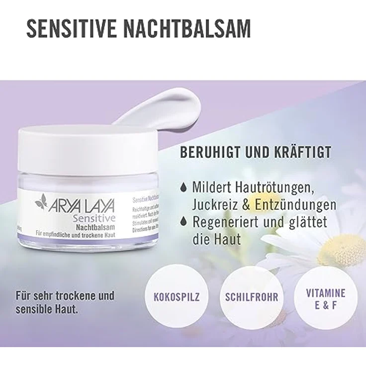 Arya Laya Sensitive Nachtbalsam, 50 ml: Regeneration über Nacht, mildert Hautrötungen & Juckreiz, entzündungshemmend, beruhigend & kräftigend, für empfindliche, irritierte & trockene Haut – Bild 2