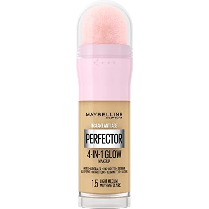 Maybelline New York 4-in-1 Make Up mit Concealer, BB Cream, Highlighter und Primer, für einen perfekten Teint, Foundation mit leichter Deckkraft, Instant Perfector Glow, Nr. 1.5 Light Medium, 20 ml