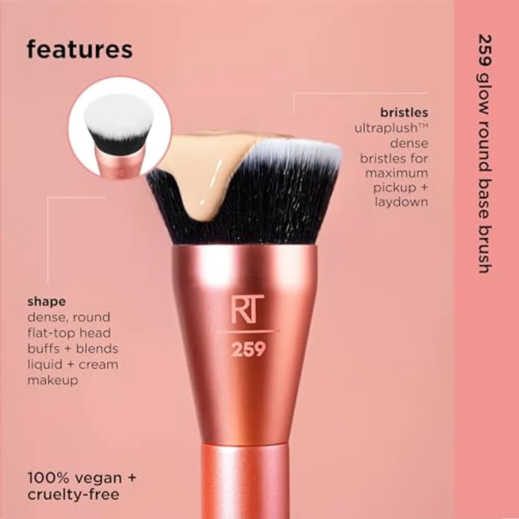 Real Techniques Glow Round Base Makeup Brush, For Liquid & Cream Makeup, Flat Top Foundation Brush For Buffing & Blending Up Coverage, Dense Synthetic Bristles, Vegan & Cruelty Free, 1 Count – Bild 4