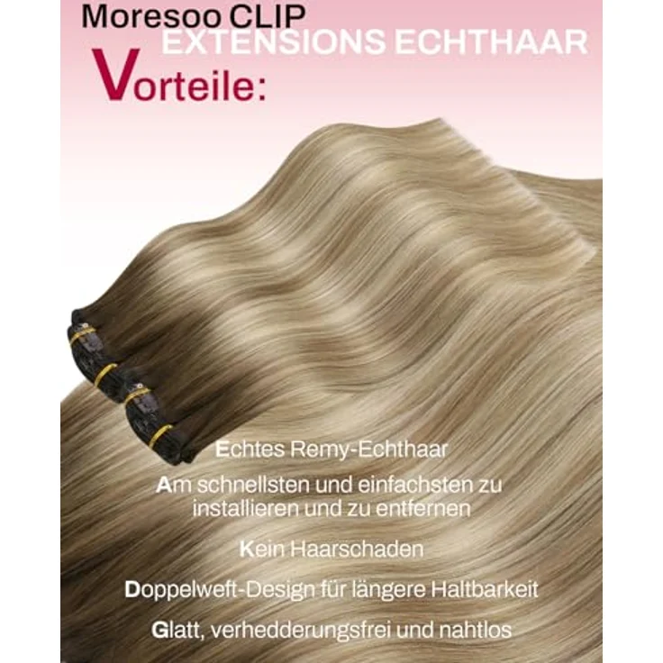 Moresoo Clip In Extensions Echthaar 45 cm, Nahtlos und Seidig Glatt, Balayage Braun Kastanienbraun Mittelblond, 7 Stück, 120 g Voluminös Remy für Hochzeit und Alltag #3/8/22 – Bild 2