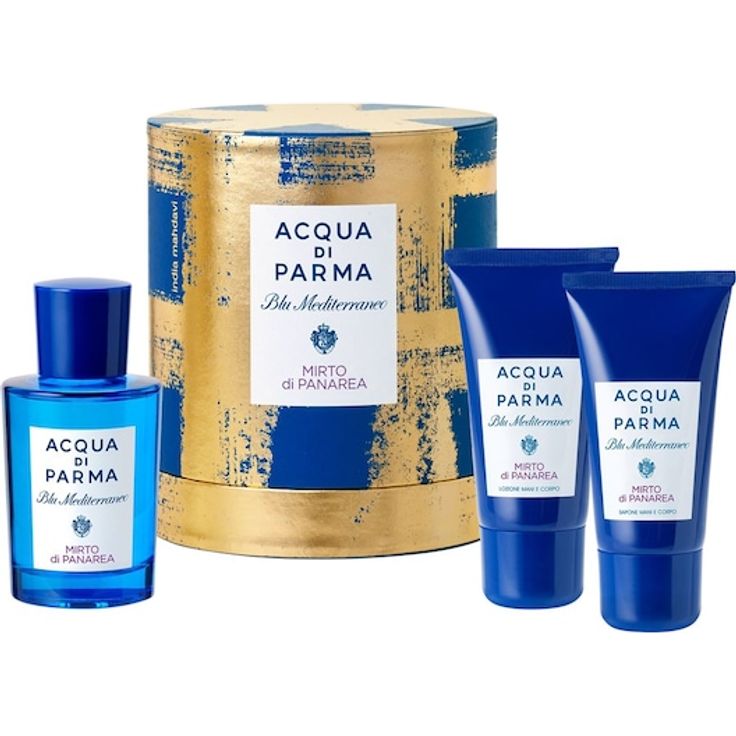 Acqua di Parma Blu Mediterraneo Mirto Panarea Geschenkset, Unisex Duftset mit Eau de Toilette (100 ml), Hand- und Body Wash (75 ml), Hand- und Körperlotion (75 ml), in blauer Geschenkbox mit goldenen Streifen