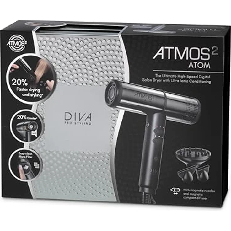 Diva Atmos 2 Atom Haartrockner, High-Speed Föhn mit 2000 W, 3 Heiz- und Geschwindigkeitsstufen, magnetischen Trocknungsdüsen und Diffusor, inklusive Metallbox – Bild 7