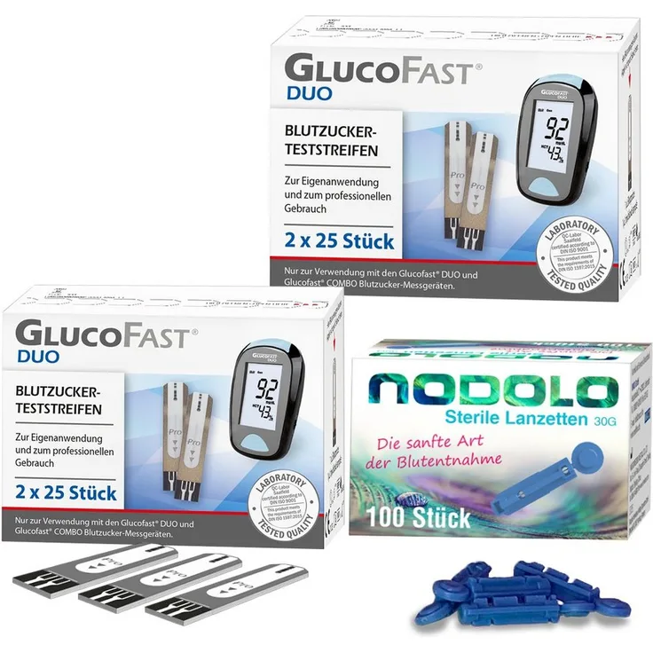 GLUCOFAST Blutzucker-Teststreifen DUO, 100 Teststreifen zur Blutzucker- und Hämatokritbestimmung, inkl. 100 Nodolo Lanzetten 30G