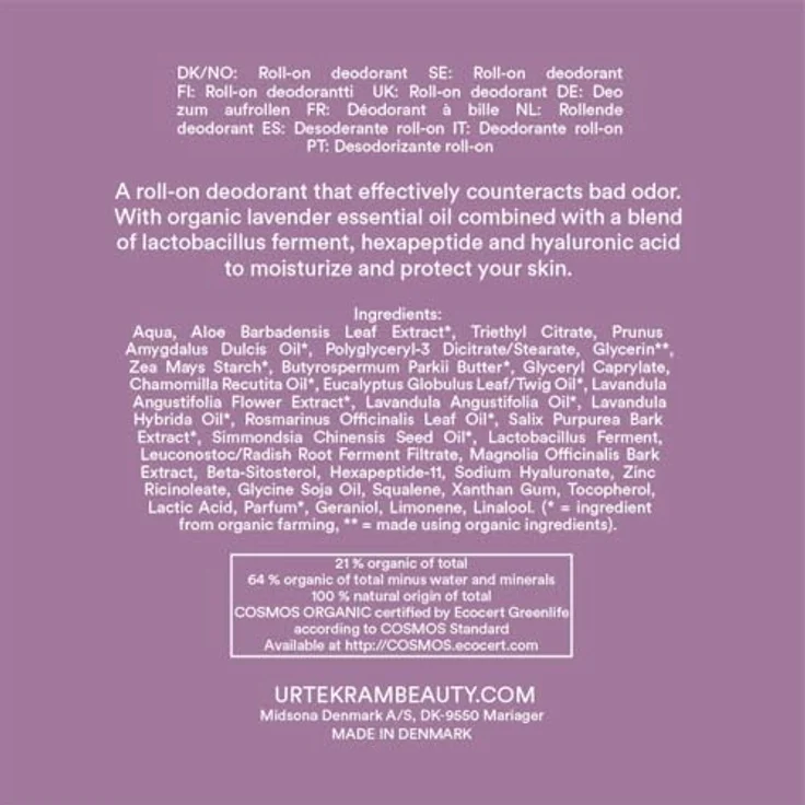 Urtekram Purple Lavender Creme Deo Roll-On Bio, 0% Aluminium, mit Lactobacillusferment und Hyaluronsäure, 50 ml – Bild 2