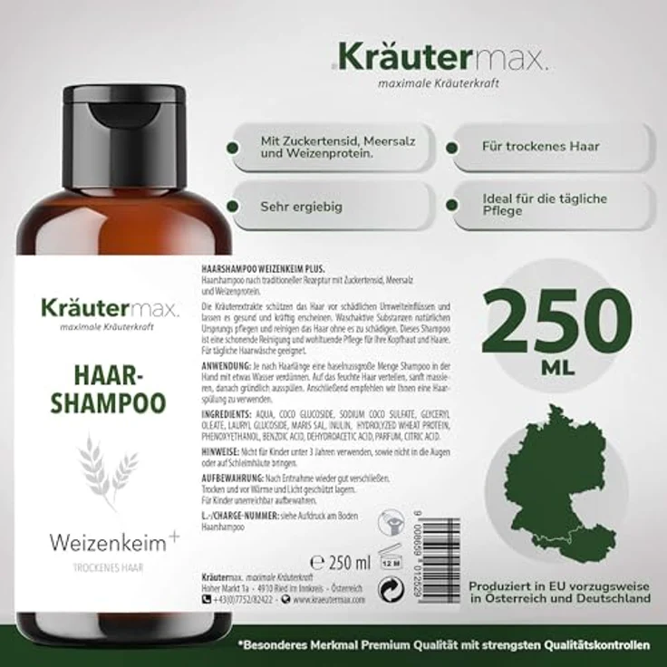 Kräutermax Weizenkeim Haar Shampoo 1 x 250 ml, mit natürlichen Kräuterextrakten und ohne schädliche Inhaltsstoffe – Bild 4