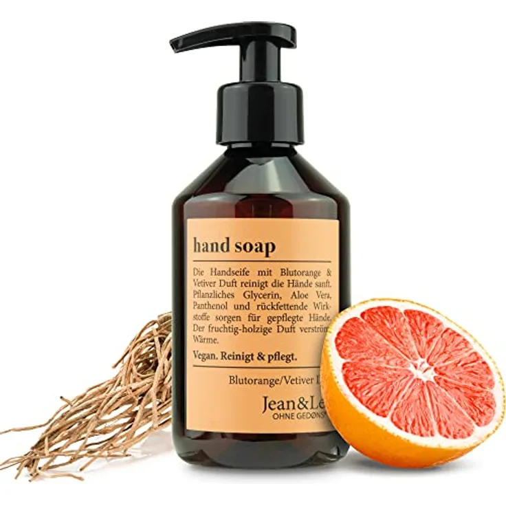 Jean & Len Handseife Blutorange & Vetiver, reinigt Hände sanft, Flüssigseife im Pumpspender für reine und gepflegte Hände, fruchtig-holziger Duft, ohne Parabene, Silikone & Mikroplastik, vegan, 250 ml