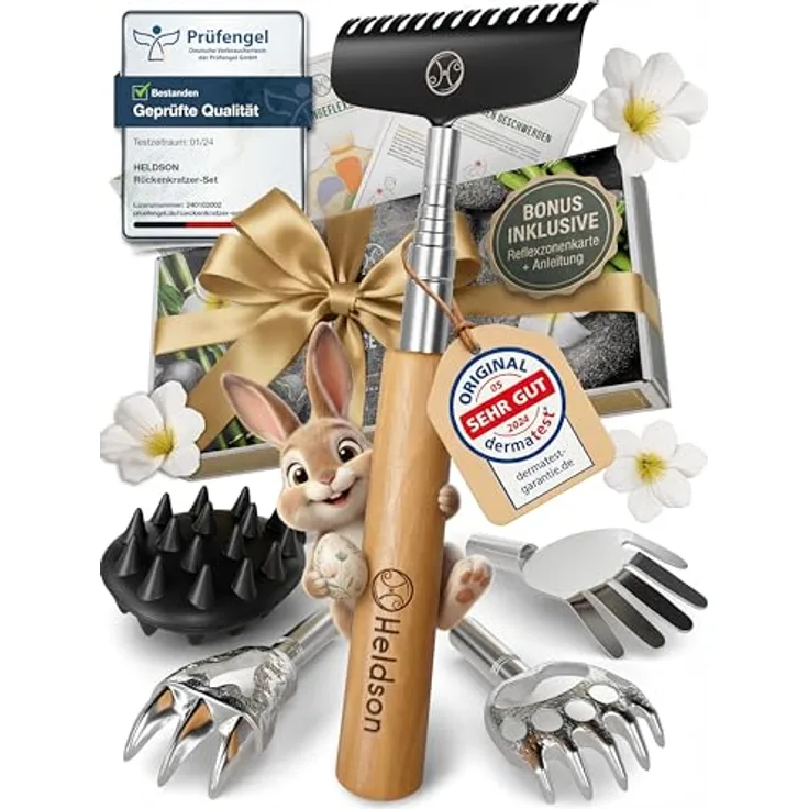 HELDSON® Rückenkratzer Holz, stufenlos ausziehbar bis 73 cm, inkl. 5 Kratzaufsätzen, mit Rückenreflexzonenkarte, Geschenk für Senioren, Frauen & Männer