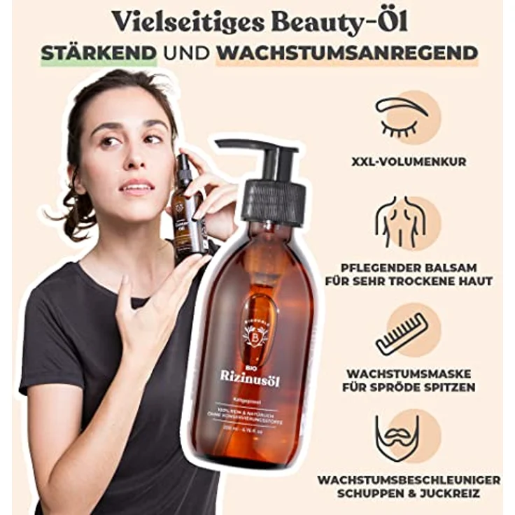 Bionoble Rizinusöl Bio 200ml - 100% Rein, Natürlich und Kaltgepresst - Wimpern, Augenbrauen, Haare, Bart, Nägel - Vegan und Cruelty Free - Castor Oil - Glasflasche + Pumpe – Bild 2