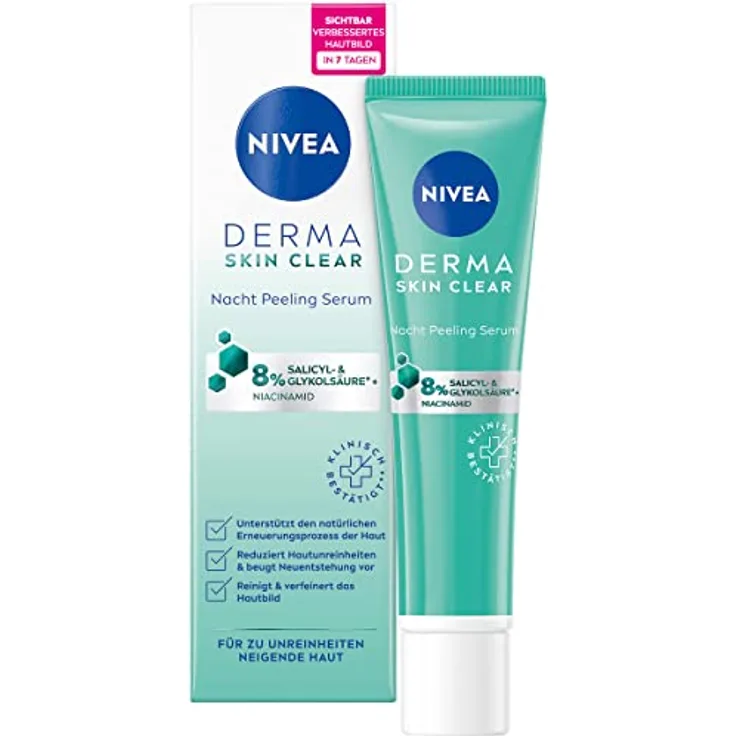 NIVEA Derma Skin Clear Nacht Peeling Serum (40 ml), Anti Pickel Serum für ein sichtbar verbessertes Hautbild, reinigendes und hautbildverfeinerndes BHA & AHA Peeling mit Niacinamid