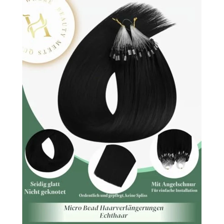 Ugeat Microring Extensions Echthaar Schwarz, 40 cm, 50 Strähnen à 1 g, hitzebeständig bis 180 °C – Bild 2