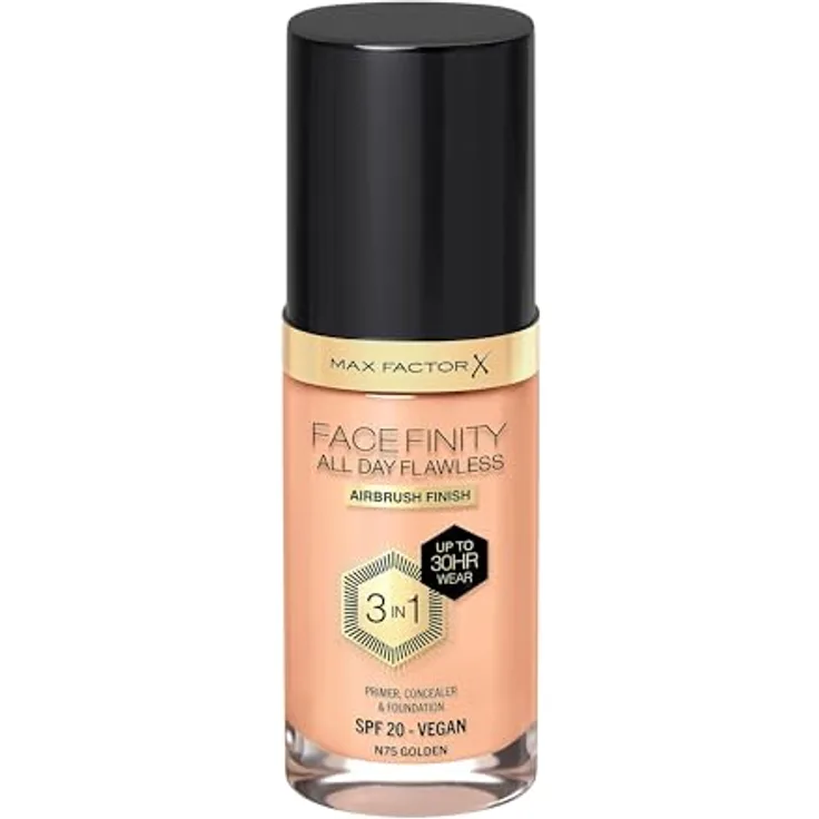 Max Factor Facefinity All Day Flawless Foundation - Concealer, 3-in-1 Liquid Foundation & Gesichtsprimer, vegane Formel, bis zu 30 Stunden Halt, SPF20-N75 Gold, 30 ml