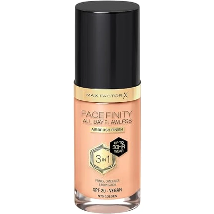 Max Factor Facefinity All Day Flawless Foundation - Concealer, 3-in-1 Liquid Foundation & Gesichtsprimer, vegane Formel, bis zu 30 Stunden Halt, SPF20-N75 Gold, 30 ml – Bild 1