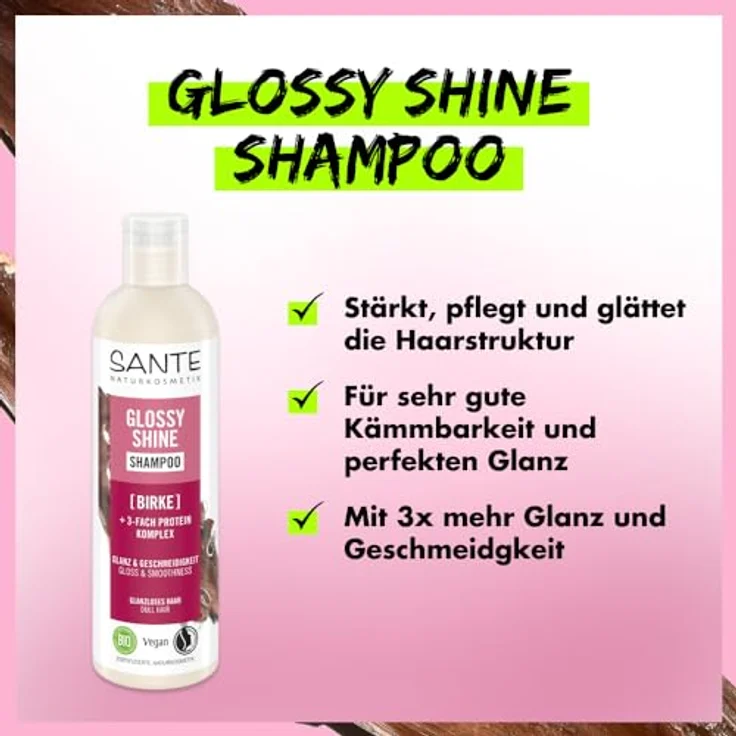 Sante Naturkosmetik Glossy Shine Shampoo, 250 ml - Bio-Birkenblattextrakt + 3-Fach Protein Komplex, natürlicher Kokosduft – Bild 4