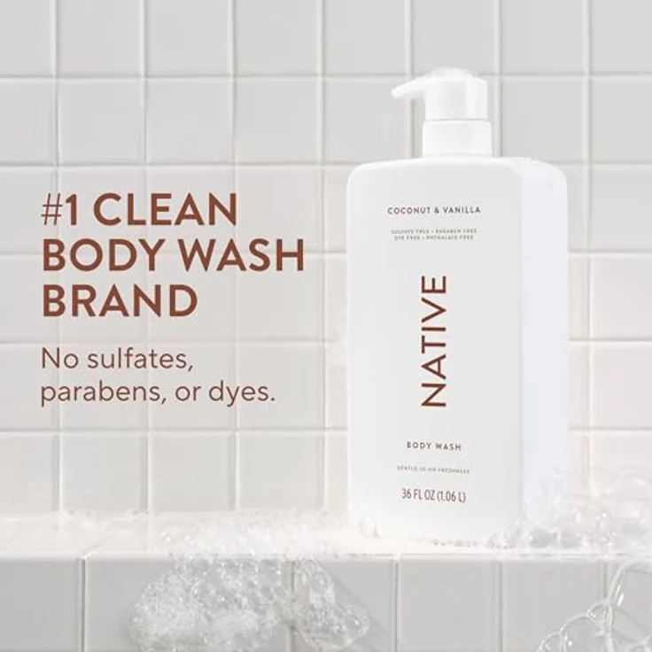 Native Duschgel Unisex, Körperseife ohne Sulfate und Farbstoffe, mit Kokos-Vanille-Duft, sanfte Reinigung aus natürlichen Inhaltsstoffen, 1 l – Bild 2