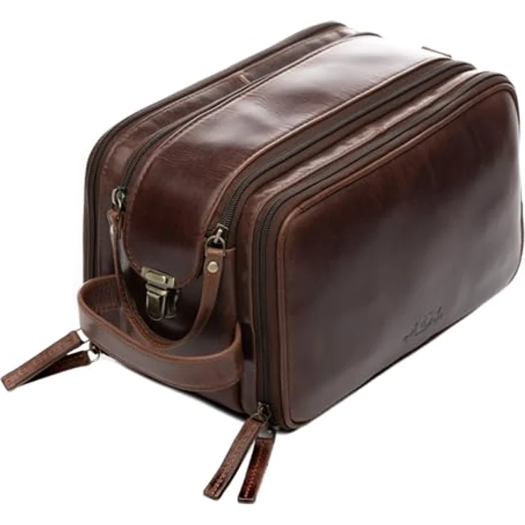 SID & VAIN Kulturtasche Herren echt Leder - Waschtasche Louis handgefertigt - Braun, Geräumige Kulturbeutel aus hochwertigem Vachetta Leder – Bild 3