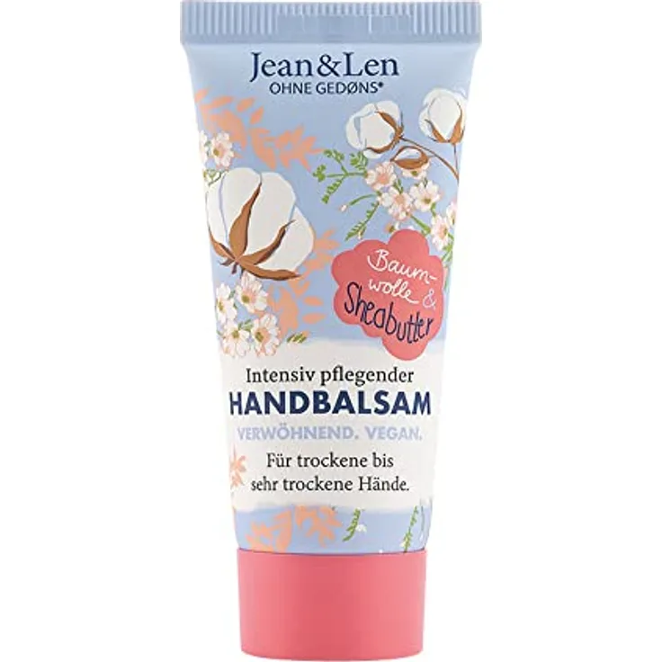 Jean & Len – Handbalsam Baumwolle & Sheabutter, Handpflege für trockene bis sehr trockene Hände, pflegt intensiv und ist dabei besonders mild, ohne Parabene & Silikone, vegan, Mini Handcreme, 20 ml