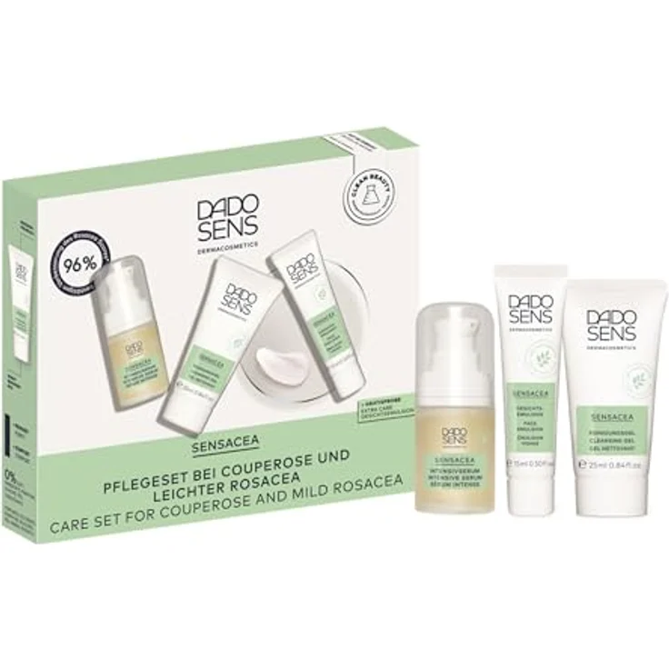 DADO SENS SENSACEA ROSACEA KENNENLERN-SET, Intensivserum (15 ml) + Gesichtsemulsion (15 ml) + Reinigungsgel (25 ml), Beruhigend und kühlend für Couperose & leichte Rosacea, Vegan – Bild 1