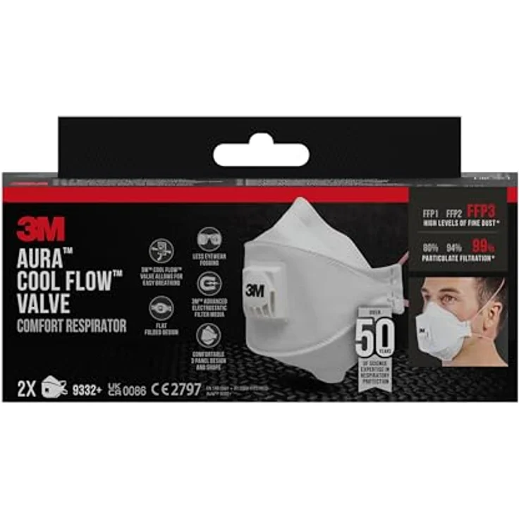 3M 9332+C Aura Partikelmaske für Dämm- und Hartholzarbeiten, Schutzstufe FFP3, optimal für Brillenträger, 1 Stück – Bild 6